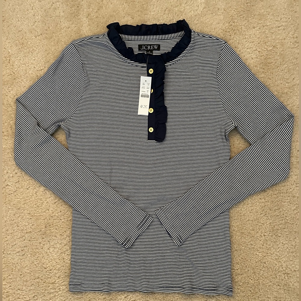 J.Crew Ruffle-collar Long Sleeve Shirt in Striped Vintage Rib